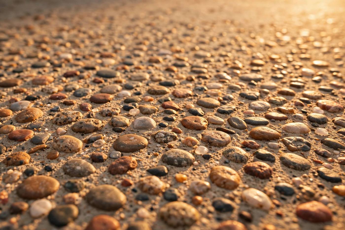Close-up of exposed aggregate concrete, river pebbles set in warm cement