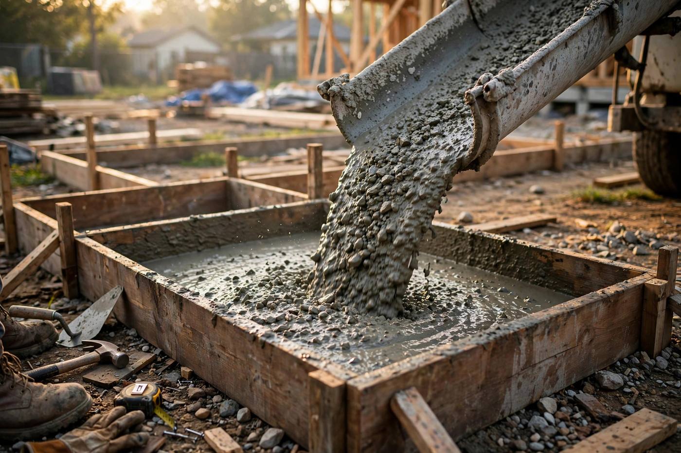 Fresh concrete being poured into forms on a residential job site