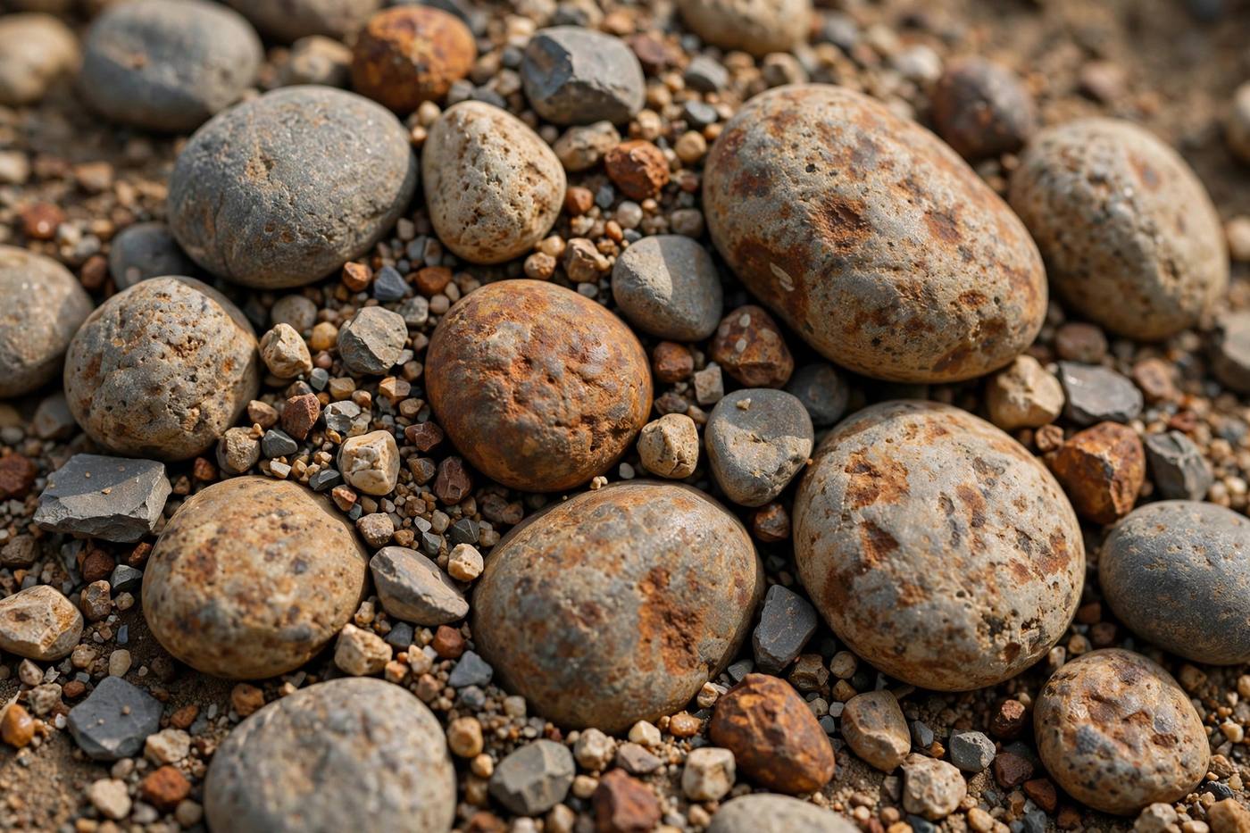 Washed river pebbles, the aggregate that gives concrete its strength